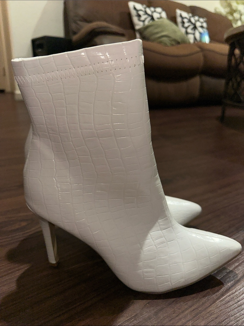 White Croc-Embossed Pointed Toe Stiletto Ankle Boots